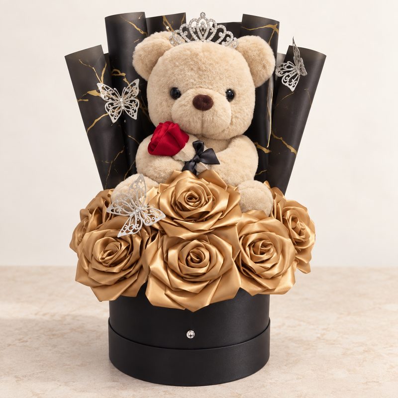Caja de rosas champán con osito