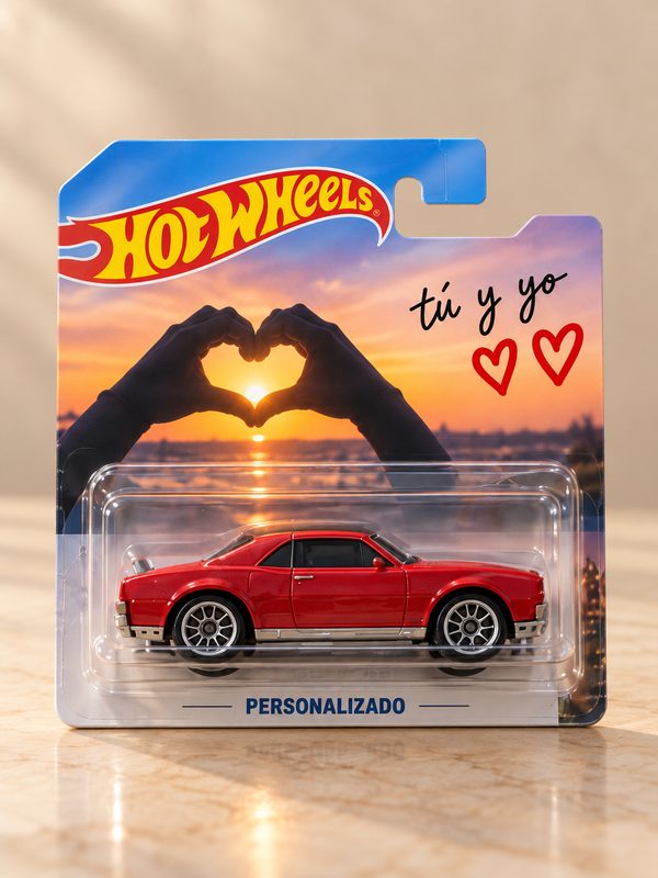 Ejemplo de coche clásico rojo en blíster con tarjeta de manos formando un corazón.