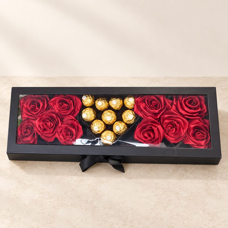 Caja de rosas rojas y bombones