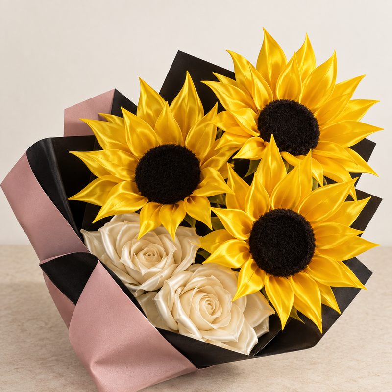 Ramo de girasoles y rosas marfil