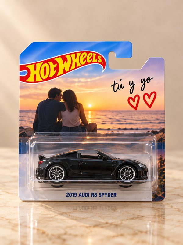 Ejemplo de coche negro en blíster con tarjeta de pareja al atardecer y dedicatoria.
